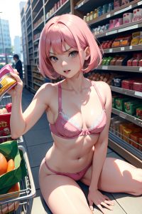 anime,busty,small tits,30s age,angry face,pink hair,bobcut hair style,light skin,soft + warm,grocery,side view,straddling,bra
