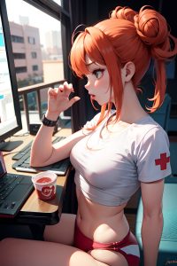 anime,busty,small tits,18 age,pouting lips face,ginger,hair bun hair style,light skin,cyberpunk,stage,side view,working out,nurse