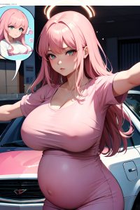 anime,pregnant,huge boobs,70s age,serious face,pink hair,bangs hair style,dark skin,illustration,car,close-up view,t-pose,teacher