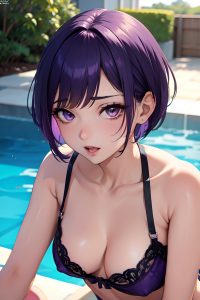 anime,skinny,small tits,40s age,ahegao face,purple hair,bobcut hair style,light skin,vintage,pool,close-up view,yoga,lingerie