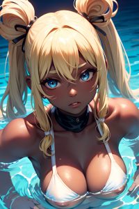 anime,muscular,small tits,40s age,seductive face,blonde,pigtails hair style,dark skin,vintage,underwater,close-up view,plank,goth
