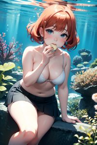 anime,chubby,small tits,60s age,pouting lips face,ginger,pixie hair style,light skin,black and white,underwater,close-up view,eating,mini skirt