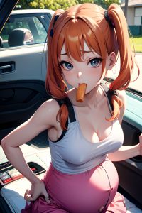 anime,pregnant,small tits,60s age,ahegao face,ginger,pigtails hair style,light skin,illustration,car,close-up view,eating,mini skirt