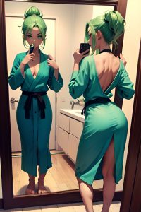 anime,skinny,small tits,30s age,shocked face,green hair,slicked hair style,dark skin,mirror selfie,party,back view,eating,bathrobe