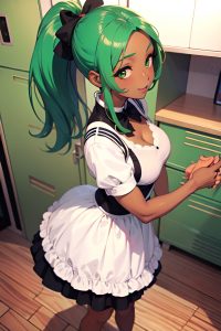 anime,busty,small tits,50s age,happy face,green hair,ponytail hair style,dark skin,warm anime,locker room,side view,t-pose,maid