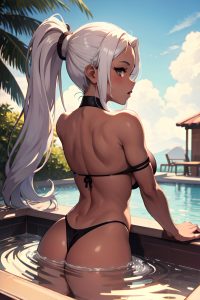 anime,busty,small tits,30s age,shocked face,white hair,ponytail hair style,dark skin,illustration,hot tub,back view,cumshot,goth