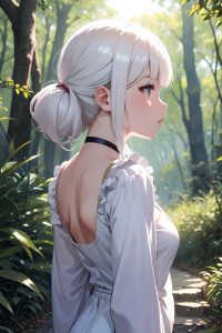 anime,chubby,small tits,50s age,serious face,white hair,bangs hair style,light skin,illustration,forest,back view,cumshot,schoolgirl