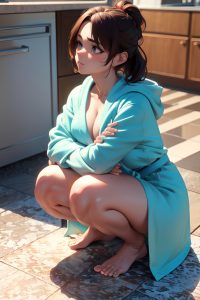 anime,muscular,small tits,40s age,sad face,brunette,messy hair style,light skin,3d,bar,front view,squatting,bathrobe