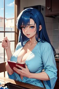 anime,muscular,huge boobs,40s age,orgasm face,blue hair,straight hair style,light skin,painting,prison,front view,cooking,bathrobe