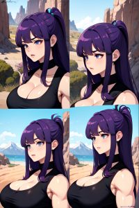anime,muscular,huge boobs,80s age,shocked face,purple hair,bangs hair style,light skin,charcoal,mountains,side view,gaming,goth