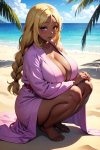 anime,chubby,huge boobs,40s age,ahegao face,blonde,braided hair style,dark skin,illustration,beach,side view,squatting,bathrobe