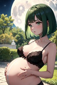 anime,pregnant,small tits,50s age,sad face,green hair,bobcut hair style,dark skin,black and white,moon,side view,jumping,lingerie