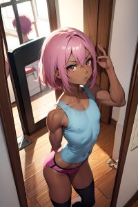 anime,muscular,small tits,18 age,serious face,pink hair,pixie hair style,dark skin,mirror selfie,church,side view,plank,schoolgirl