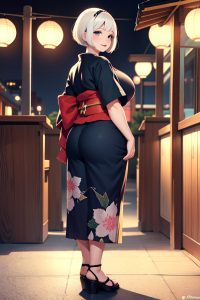 anime,chubby,small tits,30s age,happy face,white hair,bobcut hair style,light skin,charcoal,bar,back view,working out,kimono