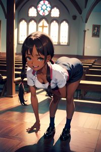 anime,skinny,small tits,50s age,laughing face,brunette,pigtails hair style,dark skin,illustration,church,front view,bending over,nurse
