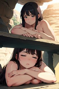 anime,chubby,small tits,40s age,serious face,brunette,straight hair style,light skin,charcoal,cave,side view,sleeping,nude