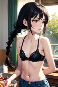 anime,skinny,small tits,20s age,pouting lips face,black hair,braided hair style,light skin,soft anime,oasis,back view,cooking,bra