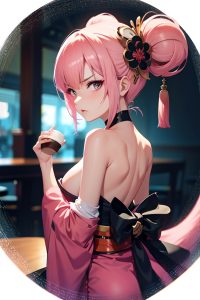 anime,skinny,small tits,70s age,angry face,pink hair,bangs hair style,light skin,dark fantasy,cafe,close-up view,on back,geisha