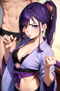 anime,busty,small tits,40s age,serious face,purple hair,slicked hair style,light skin,soft + warm,strip club,close-up view,massage,kimono