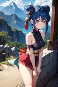 anime,busty,small tits,40s age,sad face,blue hair,pixie hair style,dark skin,soft anime,mountains,front view,bending over,geisha