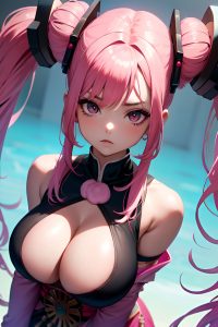 anime,busty,huge boobs,80s age,serious face,pink hair,pigtails hair style,dark skin,cyberpunk,party,close-up view,t-pose,geisha