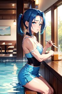 anime,muscular,small tits,20s age,sad face,blue hair,slicked hair style,light skin,soft + warm,restaurant,side view,bathing,mini skirt
