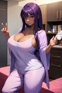 anime,busty,huge boobs,40s age,sad face,purple hair,bangs hair style,dark skin,charcoal,party,front view,on back,pajamas