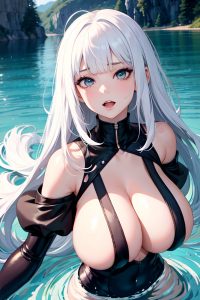 anime,skinny,huge boobs,80s age,orgasm face,white hair,bangs hair style,light skin,illustration,lake,front view,on back,goth