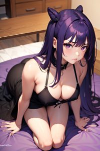 anime,chubby,small tits,18 age,serious face,purple hair,straight hair style,dark skin,soft anime,stage,close-up view,bending over,goth