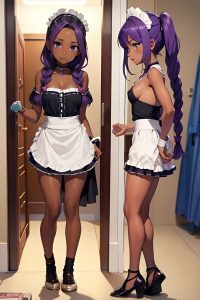 anime,skinny,small tits,20s age,shocked face,purple hair,braided hair style,dark skin,warm anime,changing room,front view,on back,maid