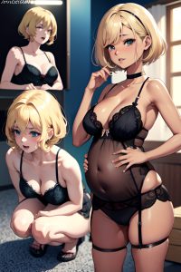 anime,pregnant,small tits,60s age,orgasm face,blonde,pixie hair style,dark skin,crisp anime,stage,side view,bending over,lingerie