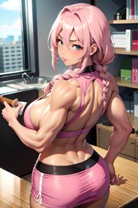 anime,muscular,huge boobs,50s age,pouting lips face,pink hair,braided hair style,dark skin,skin detail (beta),office,back view,cooking,mini skirt