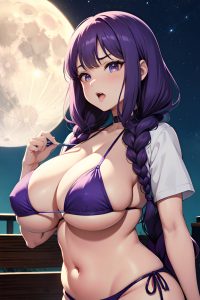 anime,chubby,huge boobs,70s age,angry face,purple hair,braided hair style,light skin,warm anime,moon,front view,eating,bikini
