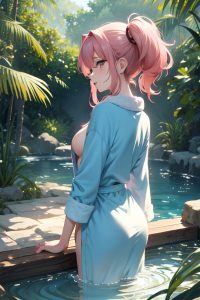 anime,busty,small tits,60s age,orgasm face,pink hair,messy hair style,light skin,watercolor,jungle,back view,bathing,bathrobe