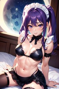 anime,muscular,small tits,30s age,orgasm face,purple hair,pigtails hair style,dark skin,watercolor,moon,close-up view,straddling,maid