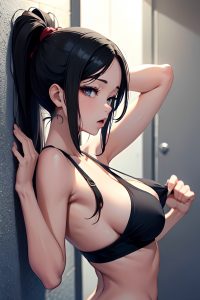 anime,skinny,small tits,70s age,ahegao face,black hair,slicked hair style,light skin,comic,prison,back view,working out,bra