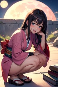 anime,busty,small tits,18 age,laughing face,brunette,straight hair style,dark skin,soft + warm,moon,close-up view,squatting,kimono