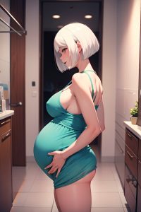 anime,pregnant,small tits,30s age,orgasm face,white hair,bobcut hair style,dark skin,watercolor,changing room,back view,jumping,teacher