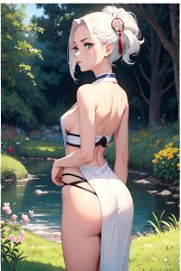 anime,skinny,small tits,30s age,seductive face,white hair,slicked hair style,dark skin,comic,meadow,back view,working out,geisha
