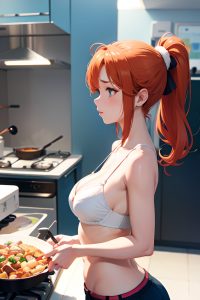 anime,busty,small tits,30s age,sad face,ginger,ponytail hair style,light skin,film photo,snow,side view,cooking,bra