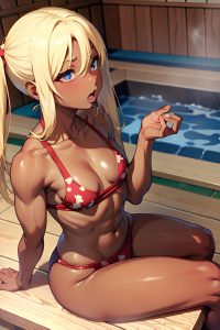 anime,muscular,small tits,18 age,ahegao face,blonde,pigtails hair style,dark skin,soft anime,sauna,side view,straddling,pajamas