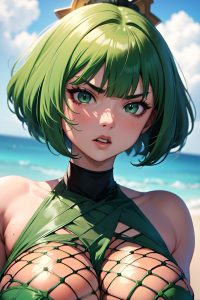 anime,muscular,huge boobs,18 age,angry face,green hair,bobcut hair style,light skin,film photo,desert,close-up view,bathing,fishnet