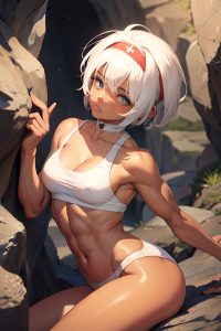 anime,muscular,small tits,20s age,sad face,white hair,bangs hair style,dark skin,painting,cave,side view,straddling,nurse