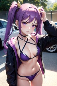 anime,busty,small tits,30s age,angry face,purple hair,pigtails hair style,light skin,skin detail (beta),car,front view,t-pose,bikini