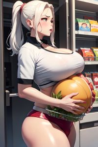 anime,chubby,huge boobs,50s age,angry face,white hair,slicked hair style,dark skin,3d,grocery,side view,working out,latex