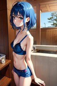 anime,skinny,small tits,20s age,sad face,blue hair,messy hair style,light skin,soft anime,sauna,side view,plank,bra