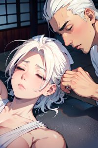 anime,muscular,small tits,18 age,sad face,white hair,slicked hair style,light skin,soft anime,onsen,close-up view,sleeping,nurse