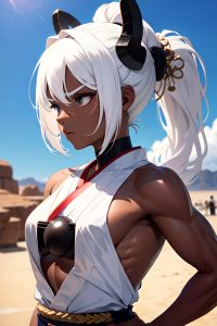 anime,muscular,small tits,80s age,serious face,white hair,ponytail hair style,dark skin,black and white,desert,side view,t-pose,geisha