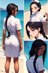 anime,skinny,small tits,40s age,seductive face,black hair,braided hair style,dark skin,warm anime,yacht,back view,on back,nurse