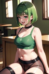 anime,chubby,small tits,30s age,laughing face,green hair,bobcut hair style,light skin,comic,bar,side view,straddling,stockings